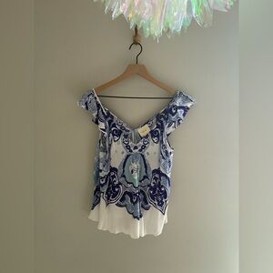 Anthropologie Maeve Flowy Blue and White Blouse Top Size 10